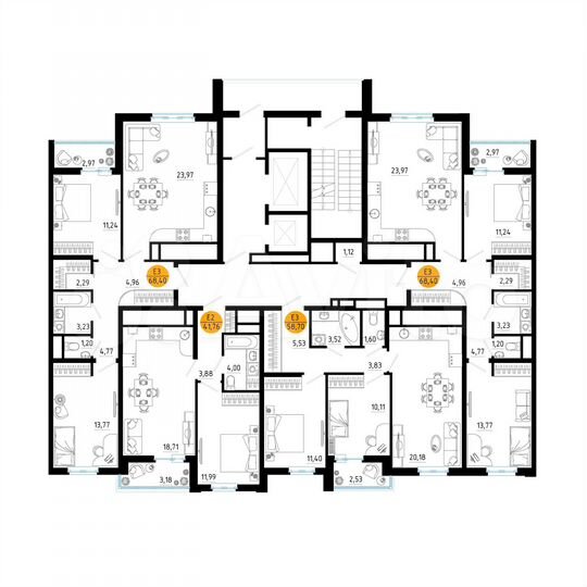 2-к. квартира, 68,4 м², 13/25 эт.