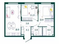 2-к. квартира, 60,4 м², 2/6 эт.