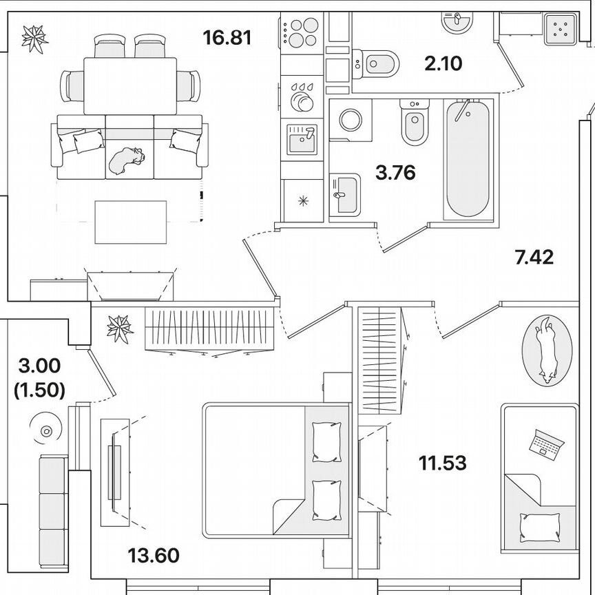 2-к. квартира, 56,7 м², 8/12 эт.