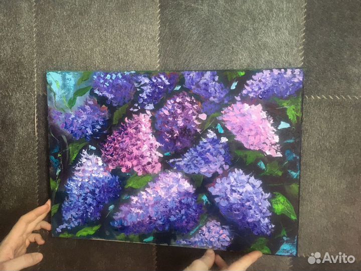 Картина маслом сирень/ голубые цветы