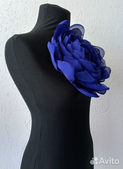 Брошь пион синий 20 см из шифона ручной работы