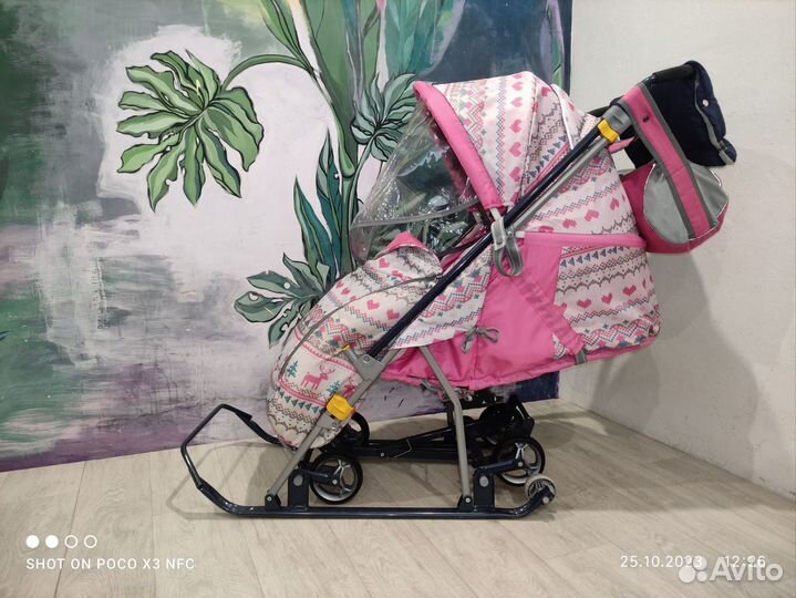 Санки-коляска с 6ю колёсами и перекидной ручкой