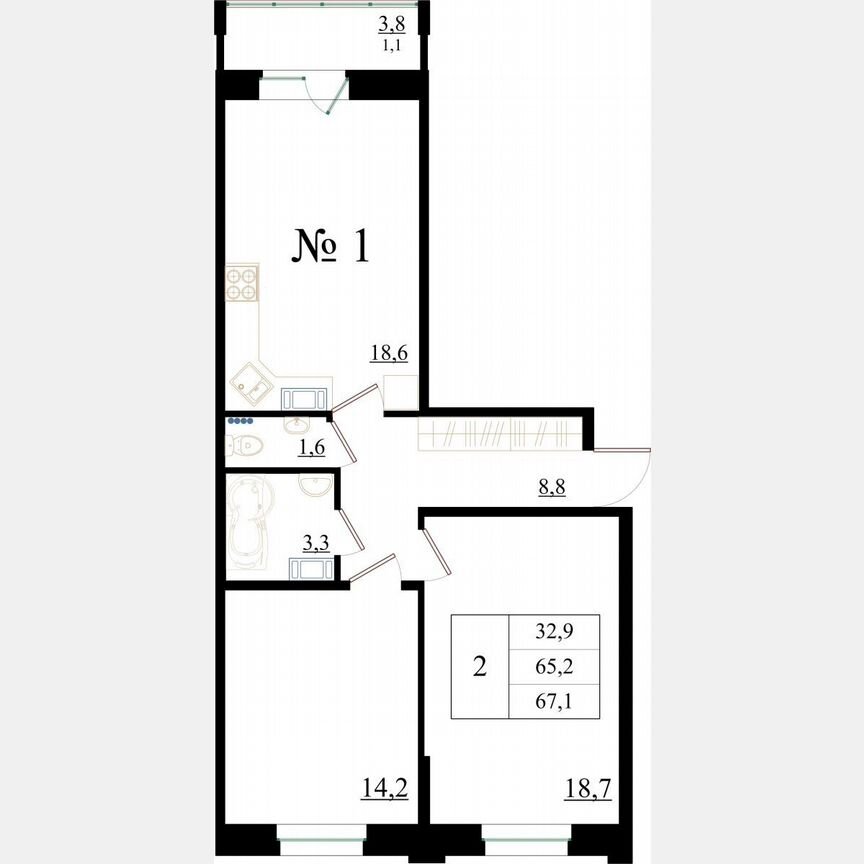 2-к. квартира, 67,1 м², 1/8 эт.