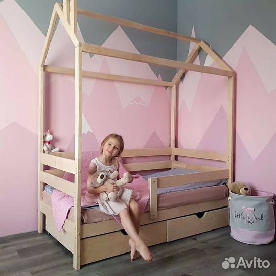 Кроватка с бортиком от 2х лет домик берёза