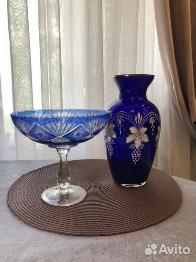 Ваза для фруктов цветное стекло и ваза 