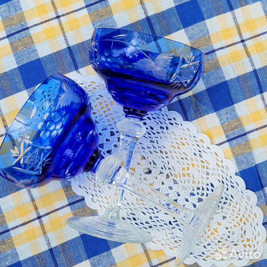 Хрустальные голубые бокалы шале антуанетты винтаж
