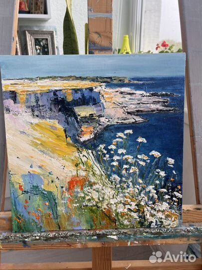 Картина масло Ромашки и море