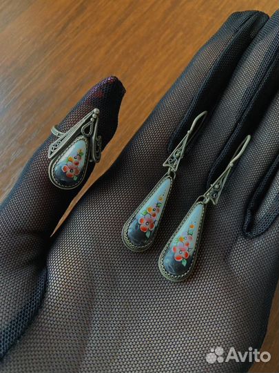 Серьги и кольцо финифть СССР комплект