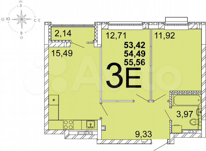 2-к. квартира, 54,5 м², 8/14 эт.