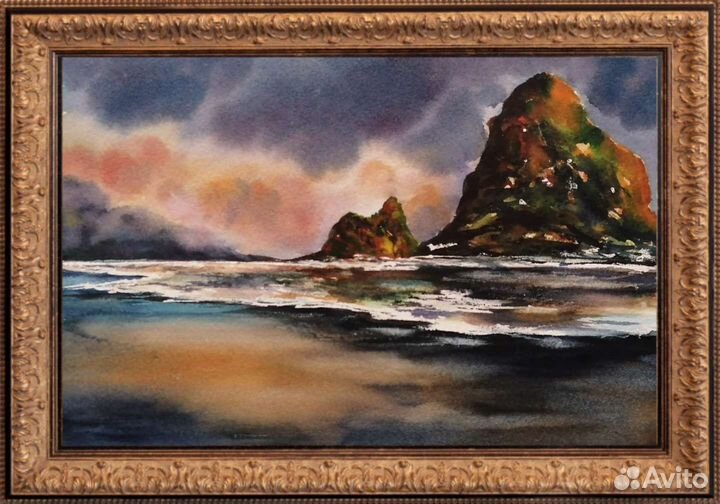 Фьорды на закате. Пейзаж, акварель