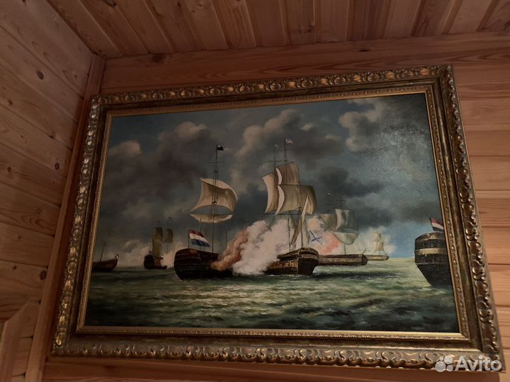 Картина холст масло Морской бой. 20в