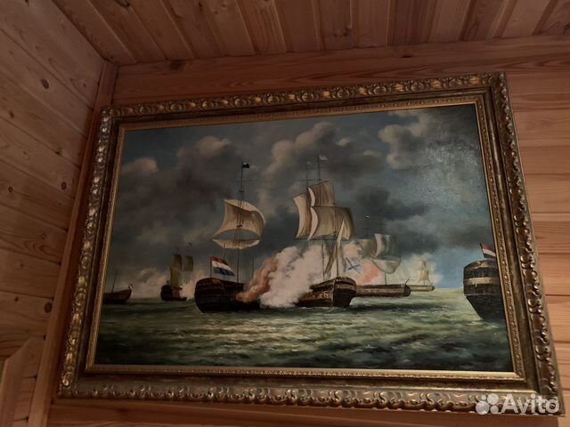Картина холст масло Морской бой. 20в