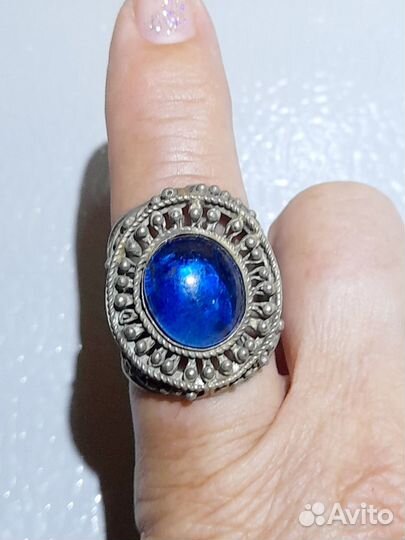 Кольцо/перстень мельхиор синий кабошон/ручная рабо