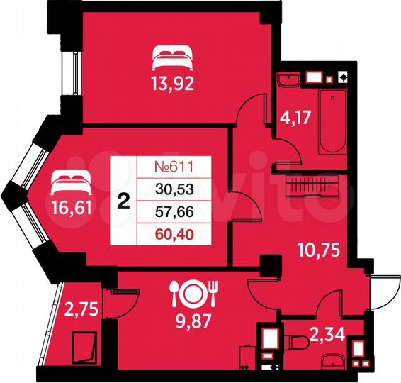 2-к. квартира, 60,4 м², 15/25 эт.