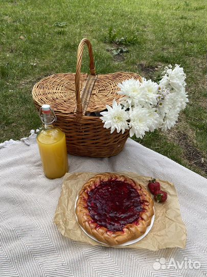 Предметы для пикника (корзина, посуда, плед)