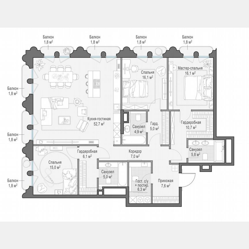 3-к. квартира, 161,6 м², 4/13 эт.