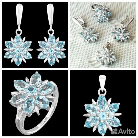 Серьги, кольцо 17,5, кулон топаз серебро С373