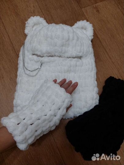 Балаклава вязаная утепленная, флис, зайка, кошка