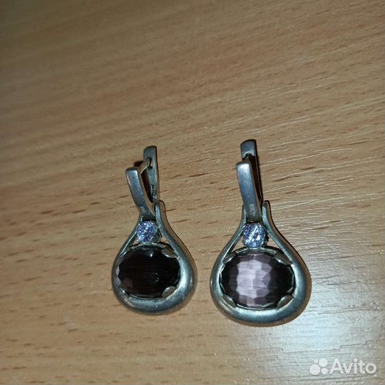 Серебряные серьги с кошачим глазом и аметистом