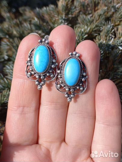Серебряные серьги СССР, бирюза, винтаж