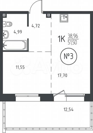 1-к. квартира, 51,5 м², 1/10 эт.