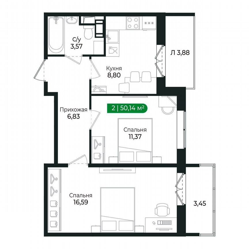 2-к. квартира, 50,1 м², 8/8 эт.