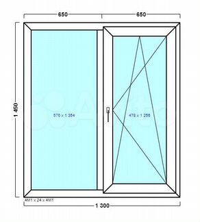 Пластиковое окно 2х створчатое 1300х1450