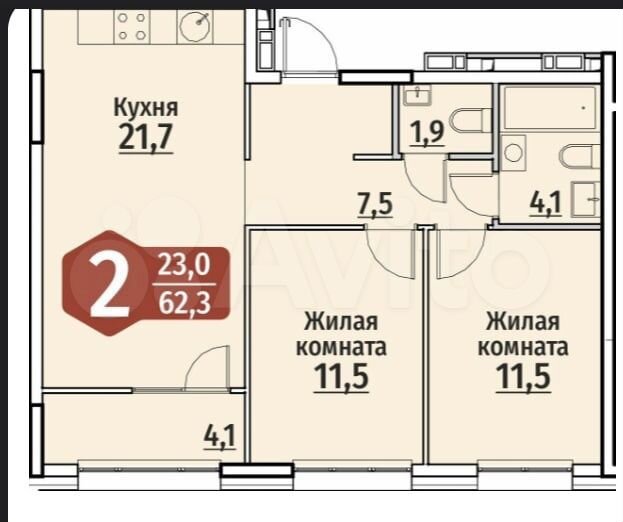 2-к. квартира, 62,3 м², 7/17 эт.