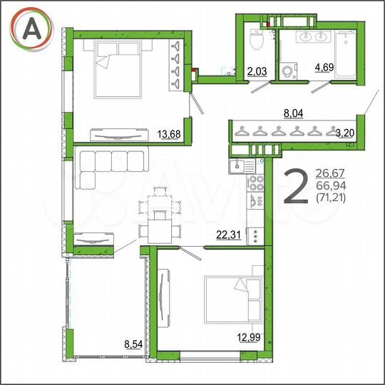 2-к. квартира, 71,2 м², 3/16 эт.