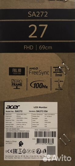 Монитор Acer 27 FullHD 100Гц Новый