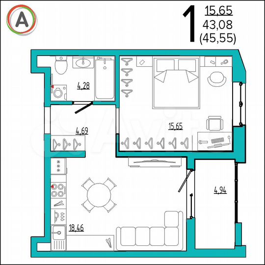 2-к. квартира, 45,5 м², 15/16 эт.