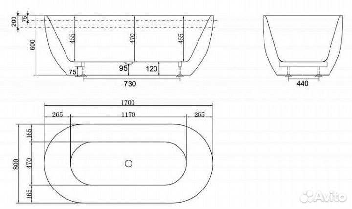 Ванна отдельностоящая акриловая BB70-1700-800, размер 170х80х60 см