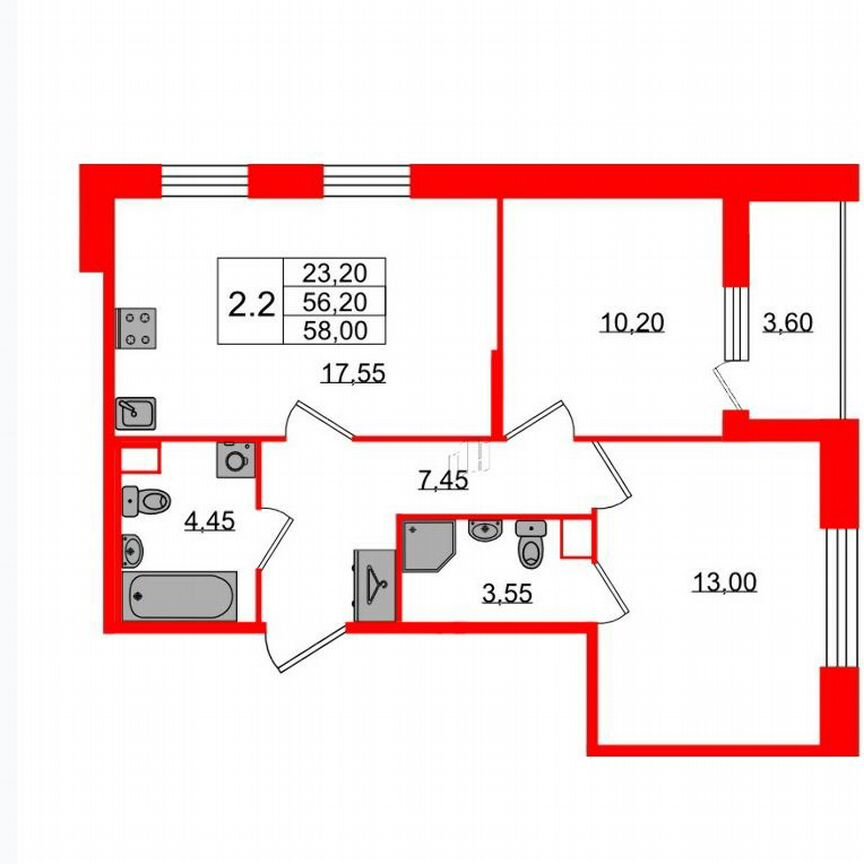 2-к. квартира, 56,2 м², 1/12 эт.