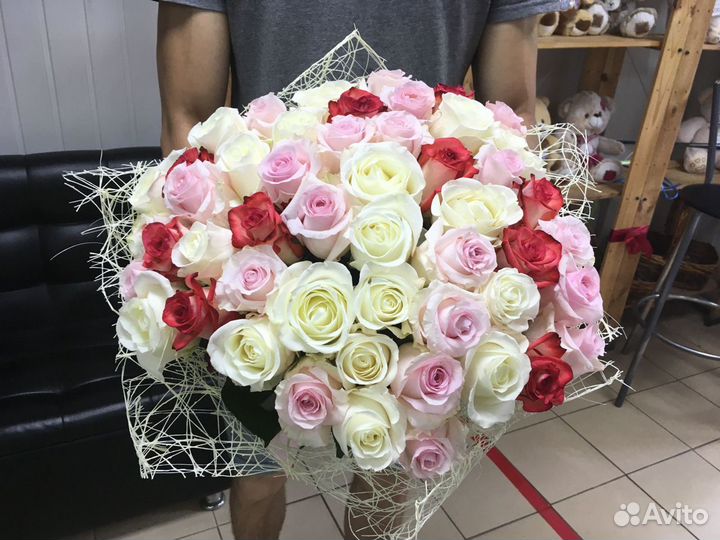 51 роза (розовый+белый+оранжевый) 40 см