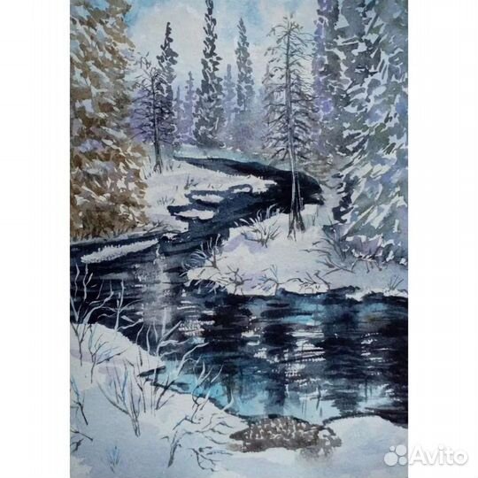 Картина акварелью.Зимний пейзаж