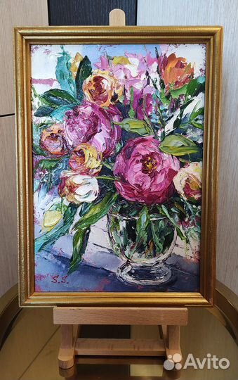 Картина маслом в рамке цветы пионы букет цветов