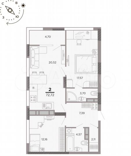 2-к. квартира, 72,7 м², 19/25 эт.