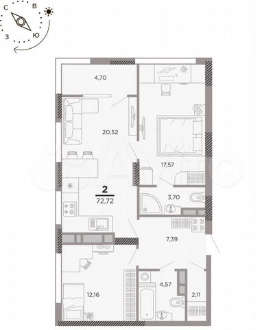 2-к. квартира, 72,7 м², 19/25 эт.