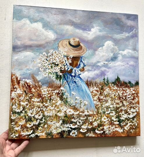 Картина маслом Девушка с ромашками 40х40 см