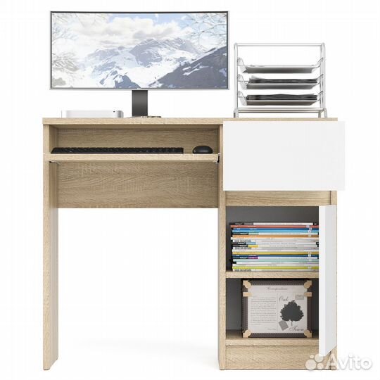 Стол компьютерный Мори мс-1 правый, цвет дуб сонома/белый, шхгхв 90х50х76,6 см., выдвижной ящик спра