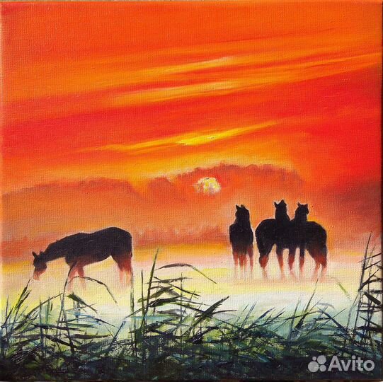 Картина маслом. Лошадки на рассвете. Пейзаж
