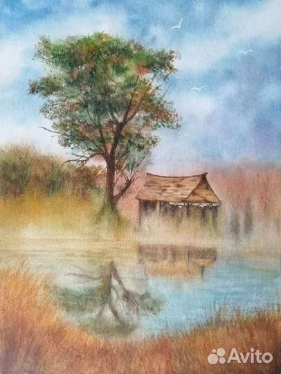 Домик на озере, акварель