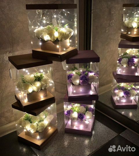 Коробка мыльных роз с подсветкой
