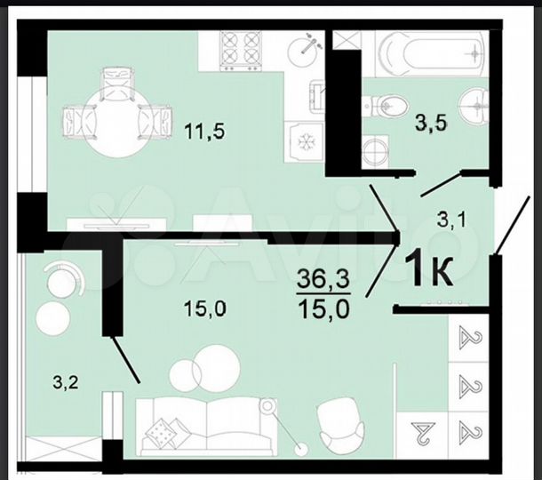 1-к. квартира, 36,3 м², 1/8 эт.