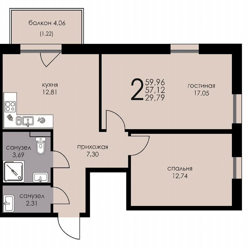 2-к. апартаменты, 56,5 м², 4/6 эт.