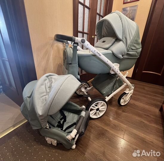 Коляска 2 в 1 indigo porto шалфей экокожа + лён