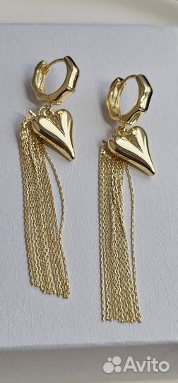Серьги кисточки длинные с сердечками золото