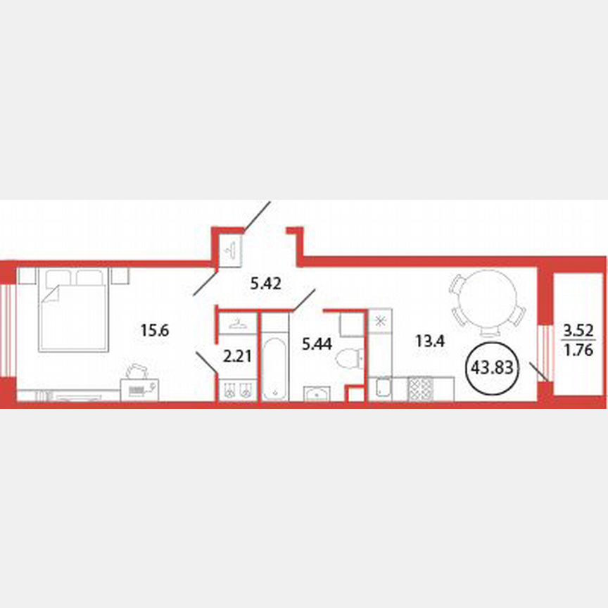 1-к. квартира, 43,8 м², 2/12 эт.