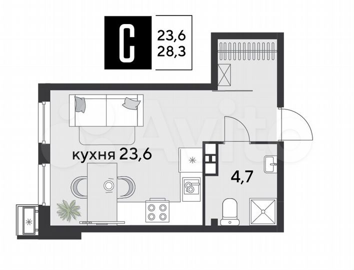 Квартира-студия, 28,3 м², 9/9 эт.