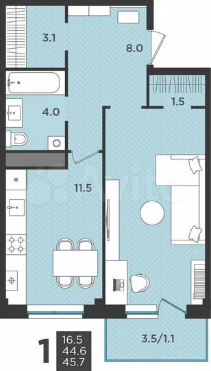 1-к. квартира, 45,7 м², 2/3 эт.